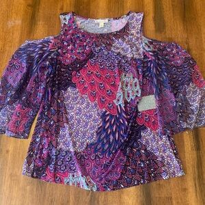 Cato Blouse 1X Multicolor Cold Shoulder Flutter Sleeve Rhinestone Accent